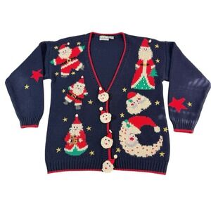 Vtg Belle Pointe Christmas Blue Santa Cardigan Button-Front Sz M Ugly Christmas